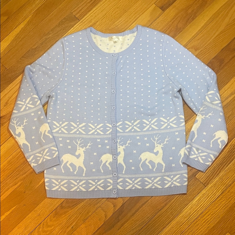 TRADITION Super Soft Light Blue Cardigan with White Reindeer Christmas Pattern